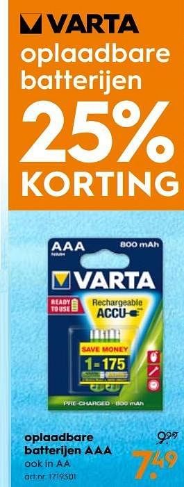 Aanbiedingen Oplaadbare batterijen aaa - Varta - Geldig van 13/05/2017 tot 24/05/2017 bij Blokker