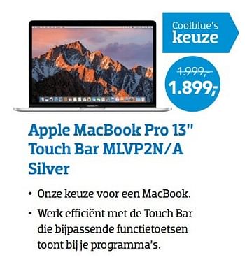 Aanbiedingen Apple macbook pro 13`` touch bar mlvp2n-a silver - Apple - Geldig van 15/05/2017 tot 28/05/2017 bij Coolblue