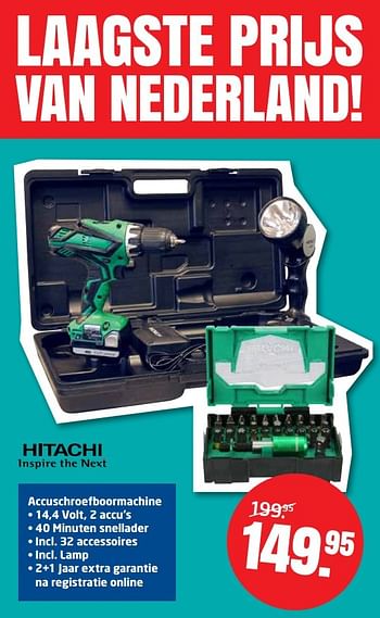 Aanbiedingen Hitachi accuschroefboormachine - Hitachi - Geldig van 15/05/2017 tot 28/05/2017 bij Formido