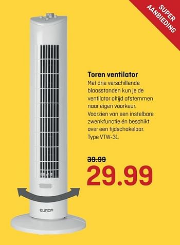 Aanbiedingen Toren ventilator type vtw-31 - Eurom - Geldig van 15/05/2017 tot 28/05/2017 bij Multimate