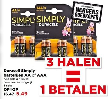 Aanbiedingen Duracell simply batterijen aa of aaa - Duracell - Geldig van 21/05/2017 tot 27/05/2017 bij Plus