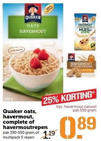 Aanbiedingen Quaker oats, havermout, complete of havermoutrepen - Quaker - Geldig van 22/05/2017 tot 28/05/2017 bij Coop
