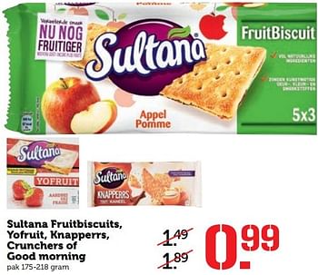 Aanbiedingen Sultana fruitbiscuits, yofruit, knapperrs, crunchers of good morning - Sultana - Geldig van 22/05/2017 tot 28/05/2017 bij Coop