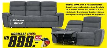 Aanbiedingen Model opal met 2 relaxelementen - Huismerk - Seats and Sofas - Geldig van 22/05/2017 tot 27/05/2017 bij Seats and Sofas