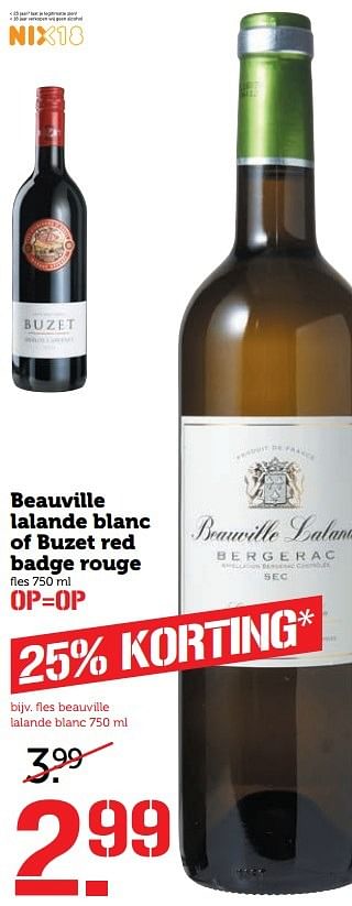 Aanbiedingen Beauville lalande blanc of buzet red badge rouge - Rode wijnen - Geldig van 22/05/2017 tot 28/05/2017 bij Coop
