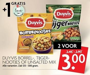 Aanbiedingen Duyvis borrel-, tijger- nootjes of unsalted mix - Duyvis - Geldig van 21/05/2017 tot 27/05/2017 bij Deka Markt