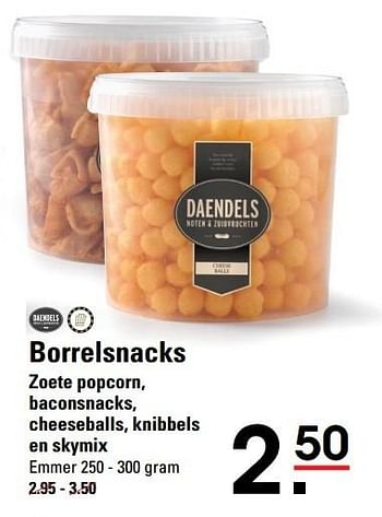 Aanbiedingen Borrelsnacks zoete popcorn, baconsnacks, cheeseballs, knibbels en skymix - Daendels - Geldig van 18/05/2017 tot 29/05/2017 bij Sligro