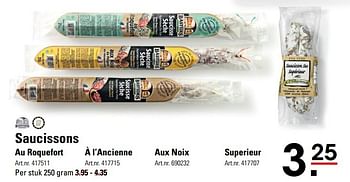 Aanbiedingen Saucissons au roquefor, a l ancienne, aux noix, superieur - Bastides - Geldig van 18/05/2017 tot 29/05/2017 bij Sligro