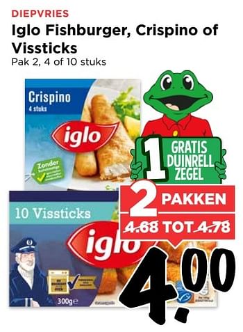 Aanbiedingen Iglo fishburger, crispino of vissticks - Iglo - Geldig van 21/05/2017 tot 27/05/2017 bij Vomar