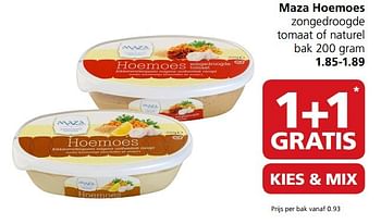 Aanbiedingen Maza hoemoes zongedroogde tomaat of naturel - Maza - Geldig van 22/05/2017 tot 28/05/2017 bij Jan Linders