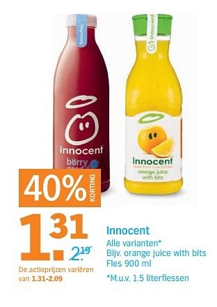 Aanbiedingen Innocent orange juice with bits - Innocent - Geldig van 22/05/2017 tot 28/05/2017 bij Albert Heijn