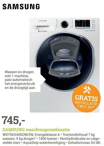 Aanbiedingen Samsung was-droogcombinatie wd70k5400ow-en - Samsung - Geldig van 08/05/2017 tot 04/06/2017 bij BCC