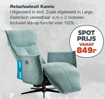 Aanbiedingen Relaxfauteuil kamia uitgevoerd in stof - Huismerk - INhouse - Geldig van 15/05/2017 tot 18/06/2017 bij INhouse