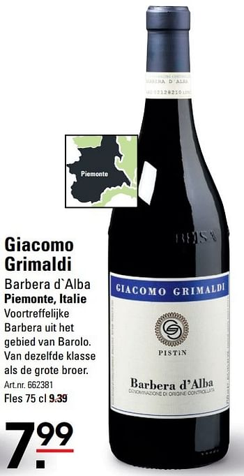 Aanbiedingen Giacomo grimaldi barbera d`alba - Rode wijnen - Geldig van 18/05/2017 tot 29/05/2017 bij Sligro