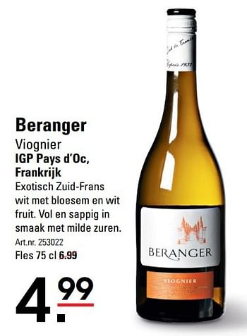 Aanbiedingen Beranger viognier - Witte wijnen - Geldig van 18/05/2017 tot 29/05/2017 bij Sligro