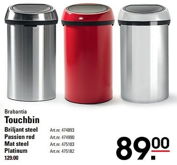 Aanbiedingen Touchbin briljant steel - Brabantia - Geldig van 18/05/2017 tot 29/05/2017 bij Sligro