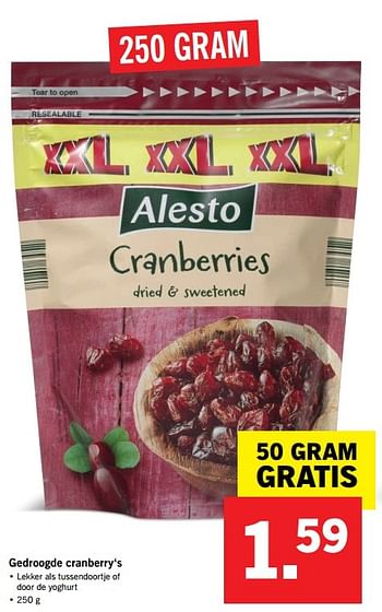 Aanbiedingen Gedroogde cranberry`s - Alesto - Geldig van 21/05/2017 tot 27/05/2017 bij Lidl