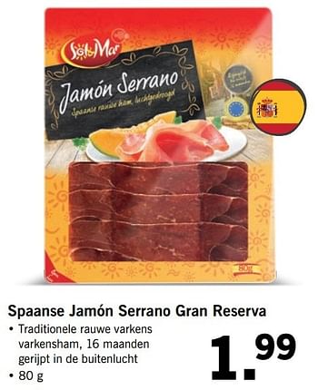 Aanbiedingen Spaanse jamón serrano gran reserva - Sol &amp; Mar - Geldig van 21/05/2017 tot 27/05/2017 bij Lidl