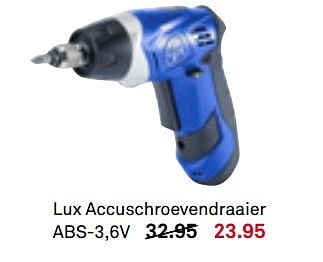 Aanbiedingen Lux accuschroevendraaier abs-3,6v - Lux - Geldig van 22/05/2017 tot 28/05/2017 bij Karwei