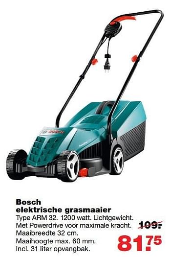 Aanbiedingen Bosch elektrische grasmaaier type arm 32. - Bosch - Geldig van 22/05/2017 tot 31/05/2017 bij Praxis