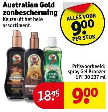 Aanbiedingen Spray gel bronzer spf 30 - Australian Gold - Geldig van 23/05/2017 tot 28/05/2017 bij Kruidvat