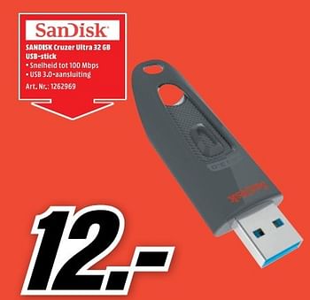 Aanbiedingen Sandisk cruzer u1tra 32 gb usb-stitk - Sandisk - Geldig van 22/05/2017 tot 28/05/2017 bij Media Markt