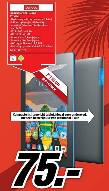Aanbiedingen Lenovo tab 3-7 essential 7 tablet - Lenovo - Geldig van 22/05/2017 tot 28/05/2017 bij Media Markt