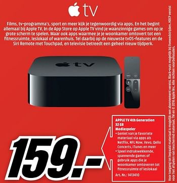 Aanbiedingen Apple tv 4 th generation 32 gb - Apple - Geldig van 22/05/2017 tot 28/05/2017 bij Media Markt