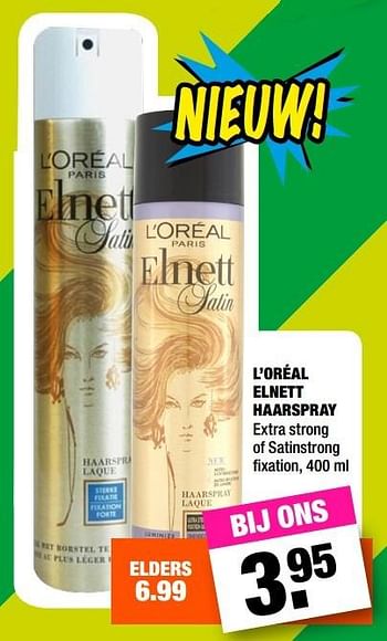 Aanbiedingen L`oréal elnett haarspray extra strong of satinstrong fixation - L'Oreal Paris - Geldig van 22/05/2017 tot 04/06/2017 bij Big Bazar