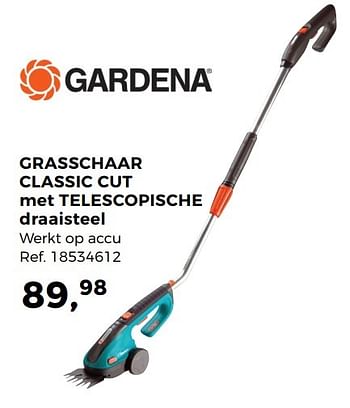 Aanbiedingen Gardena grasschaar classic cut met telescopische draaisteel werkt op accu - Gardena - Geldig van 30/05/2017 tot 27/06/2017 bij Supra Bazar