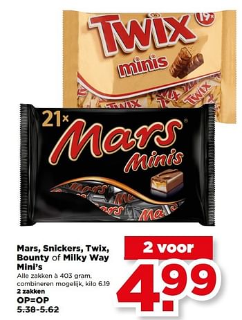 Aanbiedingen Mars, snickers, twix, bounty of milky way mini`s - Mars Snacks - Geldig van 28/05/2017 tot 03/06/2017 bij Plus