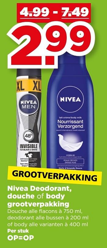 Aanbiedingen Nivea deodorant, douche of body grootverpakking - Nivea - Geldig van 28/05/2017 tot 03/06/2017 bij Plus