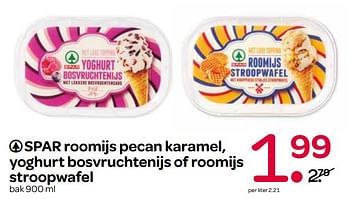 Aanbiedingen Roomijs pecan karamel, yoghurt bosvruchtenijs of roomijs stroopwafel - Spar - Geldig van 24/05/2017 tot 31/05/2017 bij Spar