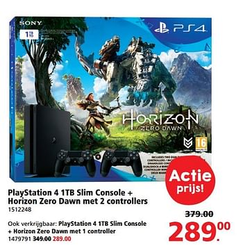 Aanbiedingen Playstation 4 1tb slim console + horizon zero dawn met 2 controllers - Sony - Geldig van 22/05/2017 tot 04/06/2017 bij Intertoys