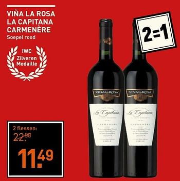 Aanbiedingen Viña la rosa la capitana carmenère soepel rood - Rode wijnen - Geldig van 23/05/2017 tot 05/06/2017 bij Gall & Gall