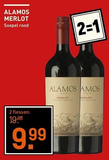 Aanbiedingen Alamos merlot soepel rood - Rode wijnen - Geldig van 23/05/2017 tot 05/06/2017 bij Gall & Gall