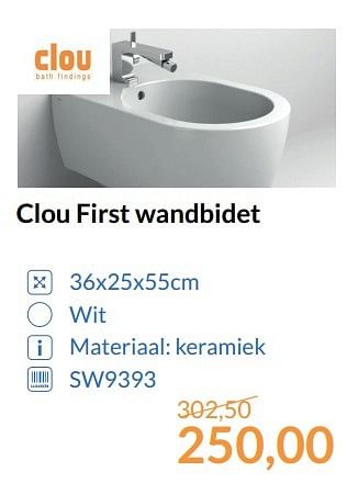 Aanbiedingen Clou first wandbidet - Clou - Geldig van 01/06/2017 tot 30/06/2017 bij Sanitairwinkel