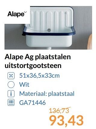 Aanbiedingen Alape ag plaatstalen uitstortgootsteen - Alape - Geldig van 01/06/2017 tot 30/06/2017 bij Sanitairwinkel