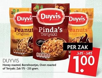 Aanbiedingen Duyvis honey roasted, borrelnootjes, oven roasted of teriyaki - Duyvis - Geldig van 28/05/2017 tot 03/06/2017 bij Deka Markt