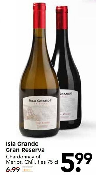 Aanbiedingen Isla grande gran reserva chardonnay of merlot, chili - Rode wijnen - Geldig van 28/05/2017 tot 03/06/2017 bij Em-té