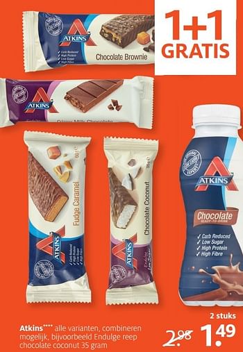 Aanbiedingen Endulge reep chocolate coconut - Atkins - Geldig van 29/05/2017 tot 04/06/2017 bij Etos