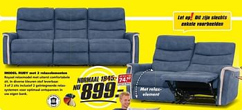 Aanbiedingen Model ruby met 2 relaxelementen - Huismerk - Seats and Sofas - Geldig van 29/05/2017 tot 05/06/2017 bij Seats and Sofas