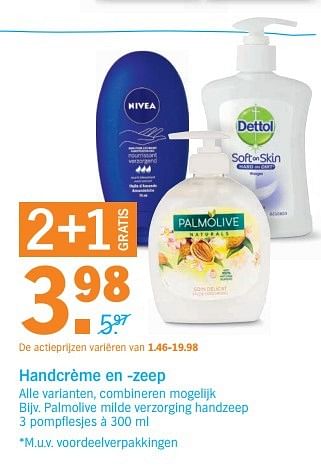 Aanbiedingen Handcrème en -zeep, palmolive milde verzorging handzeep - Huismerk - Albert Heijn - Geldig van 29/05/2017 tot 05/06/2017 bij Albert Heijn