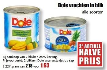 Aanbiedingen 2 blikken dole ananasstukjes op sap - Dole - Geldig van 29/05/2017 tot 03/06/2017 bij MCD Supermarkten