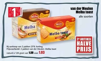 Aanbiedingen 2 pakken van der meulen melba toast naturel - Melba - Geldig van 29/05/2017 tot 03/06/2017 bij MCD Supermarkten