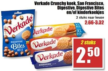 Aanbiedingen Verkade crunchy koek, san francisco, digestive, digestive bites en-of kinderkoekjes - Verkade - Geldig van 29/05/2017 tot 03/06/2017 bij MCD Supermarkten