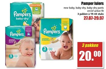 Aanbiedingen Pamper luiers new baby, baby-dry, baby-dry pants en-of active fit - Pampers - Geldig van 29/05/2017 tot 03/06/2017 bij MCD Supermarkten