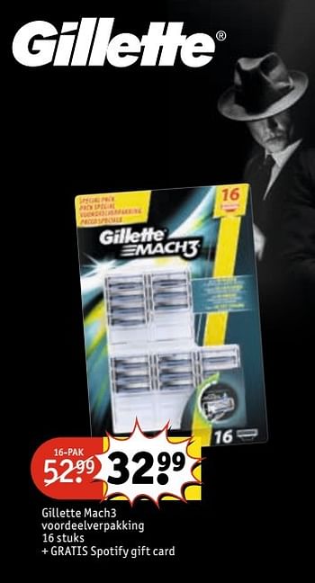 Aanbiedingen Gillette mach3 voordeelverpakking+ gratis spotify gift card - Gillette - Geldig van 30/05/2017 tot 11/06/2017 bij Kruidvat