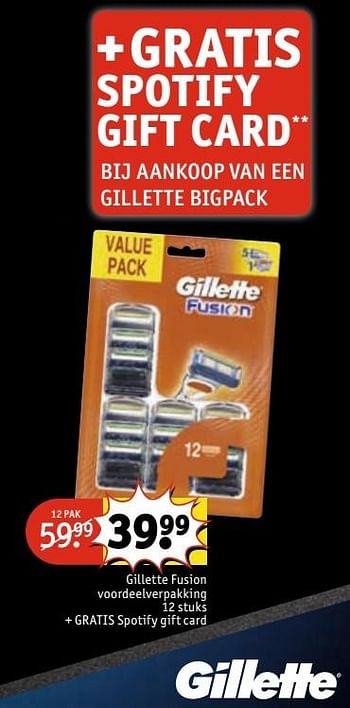 Aanbiedingen Gillette fusion voordeelverpakking+ gratis spotify gift card - Gillette - Geldig van 30/05/2017 tot 11/06/2017 bij Kruidvat