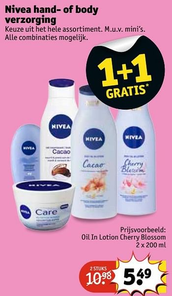 Aanbiedingen Oil in lotion cherry blossom - Nivea - Geldig van 30/05/2017 tot 11/06/2017 bij Kruidvat